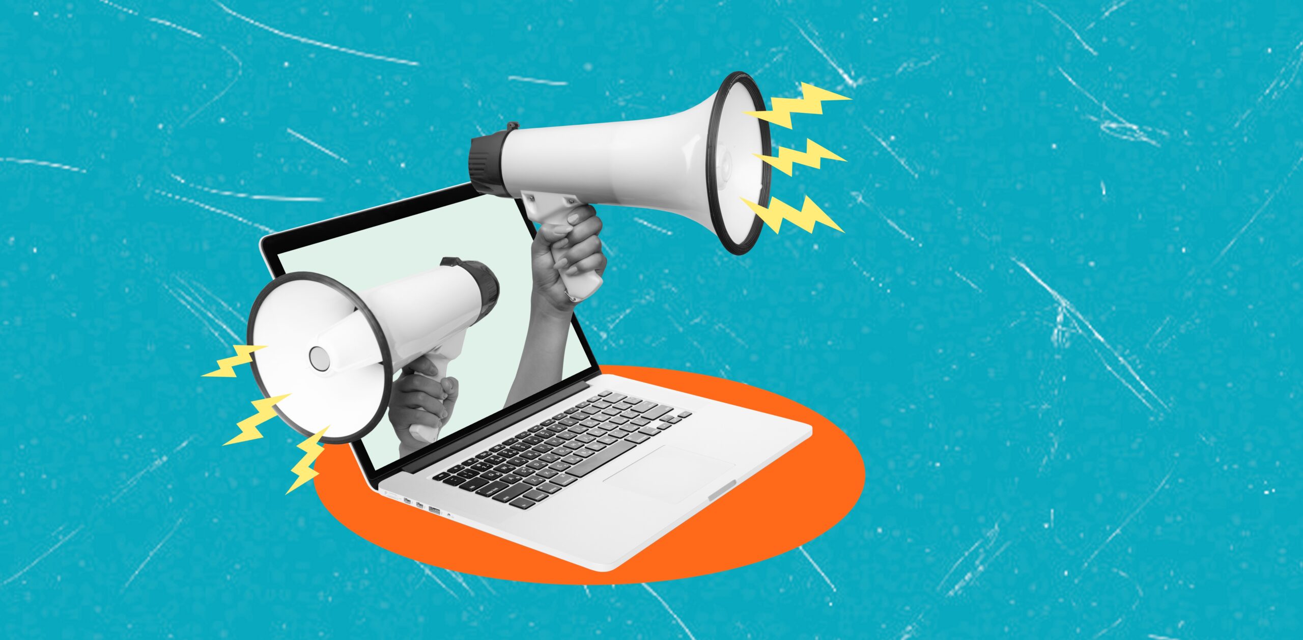 Collage illustration of megaphones emerging from a laptop screen, symbolizing digital marketing.