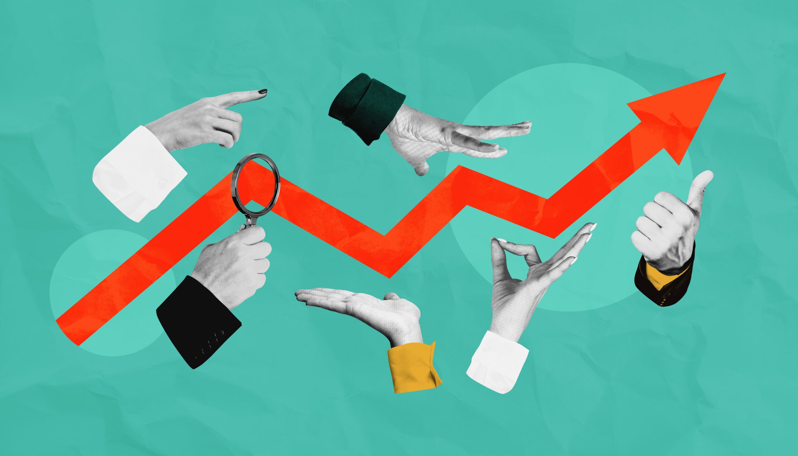 Collage illustration of hands gesturing around an upward-trending red arrow graph.