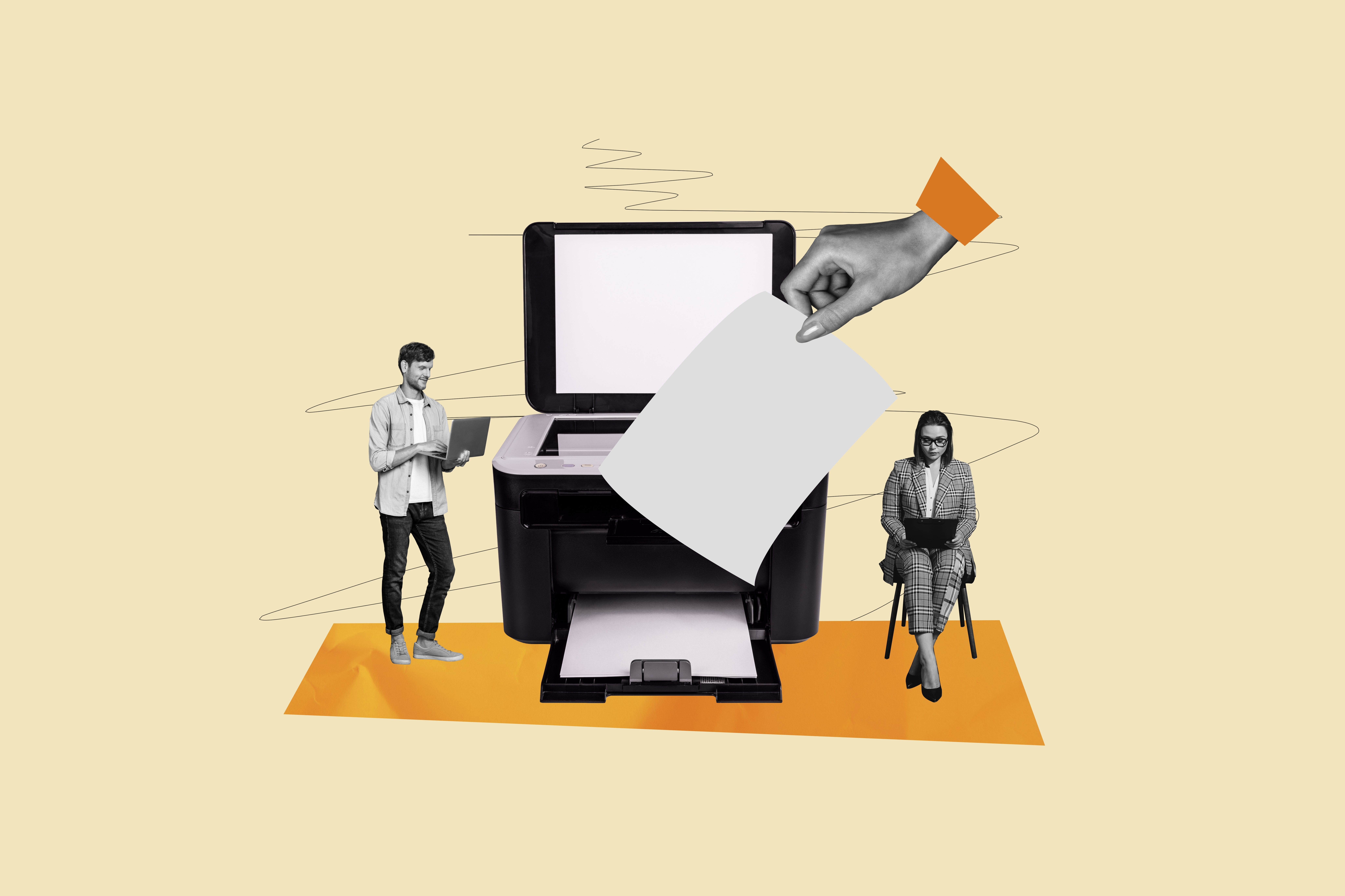 Surreal collage of a giant printer with people and an oversized hand pulling out a printed page.