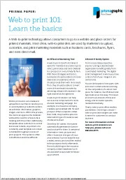 Prisma Paper cover titled "Web to Print 101: Learn the Basics" on a light blue background.
