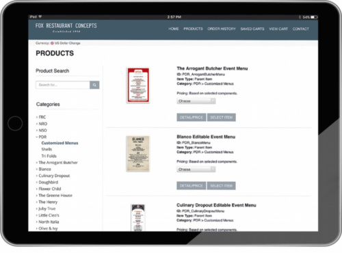 iPad screen showing the Fox Restaurant Concepts dokshop product catalog with editable menu options.