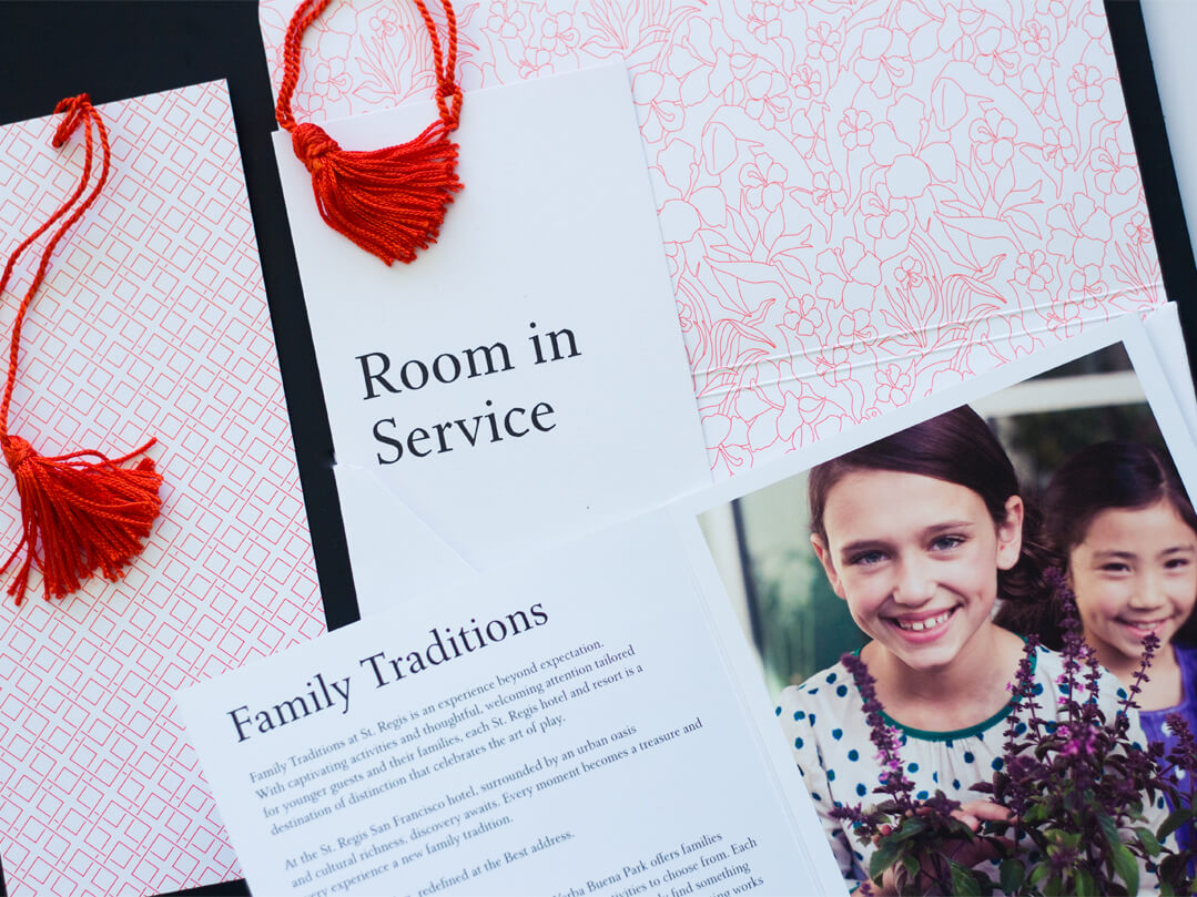 hospitality, room in service, hotel, red pattern ticket, family traditions, girl on postcard smiling