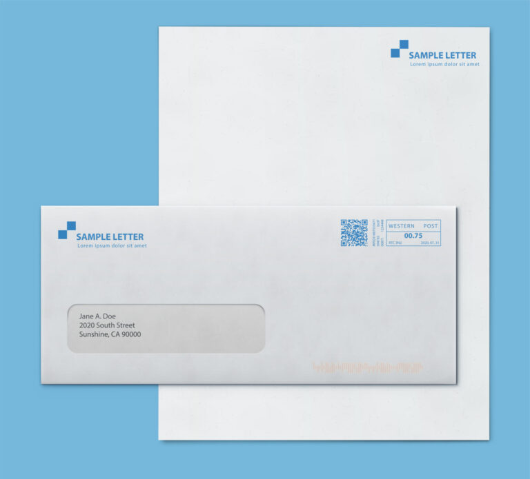 Sample letter and envelope mockup with logo, QR code, and postage indicia on a blue background.