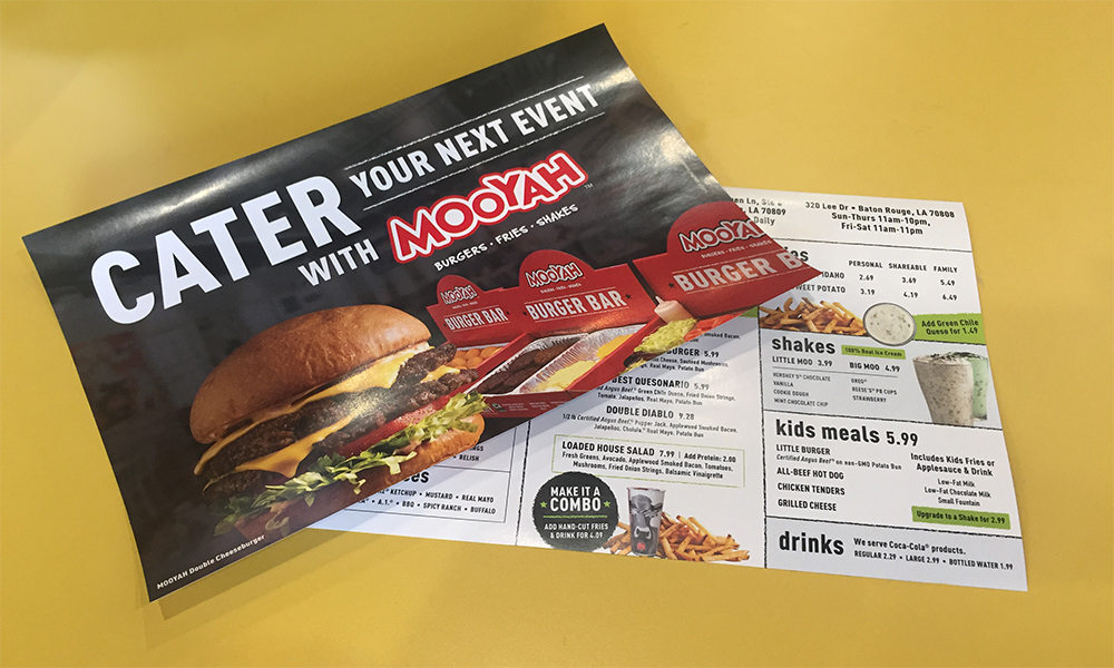 Mooyah catering flyer and menu card promoting burger bar options for events.