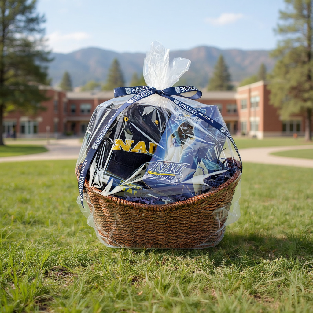 Northern Arizona University branded merch gift basket on lawn