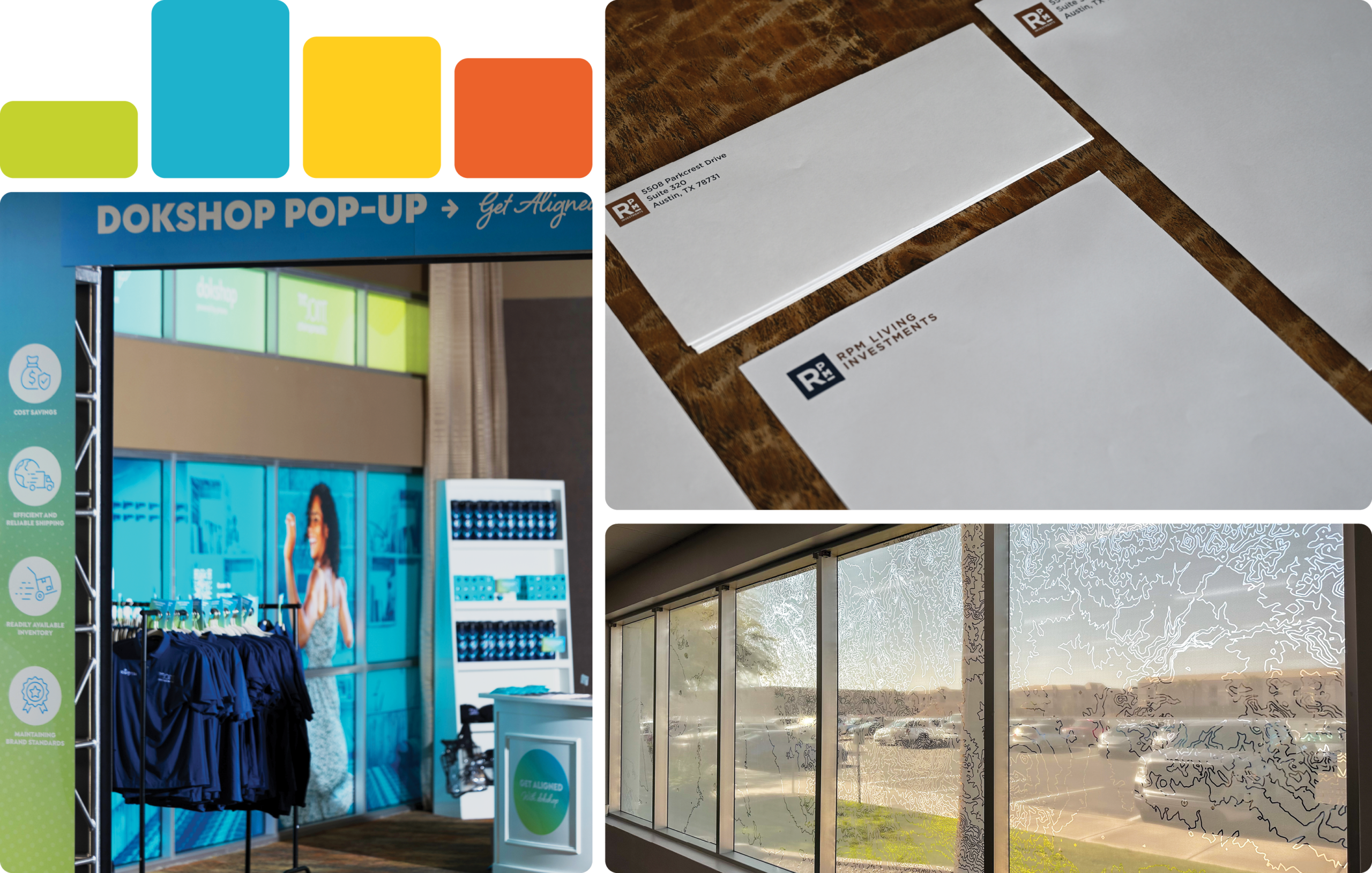 Creative Services Bento Card with images of The Joint Conference booth, RPM collateral, Topographic Frosted Windows