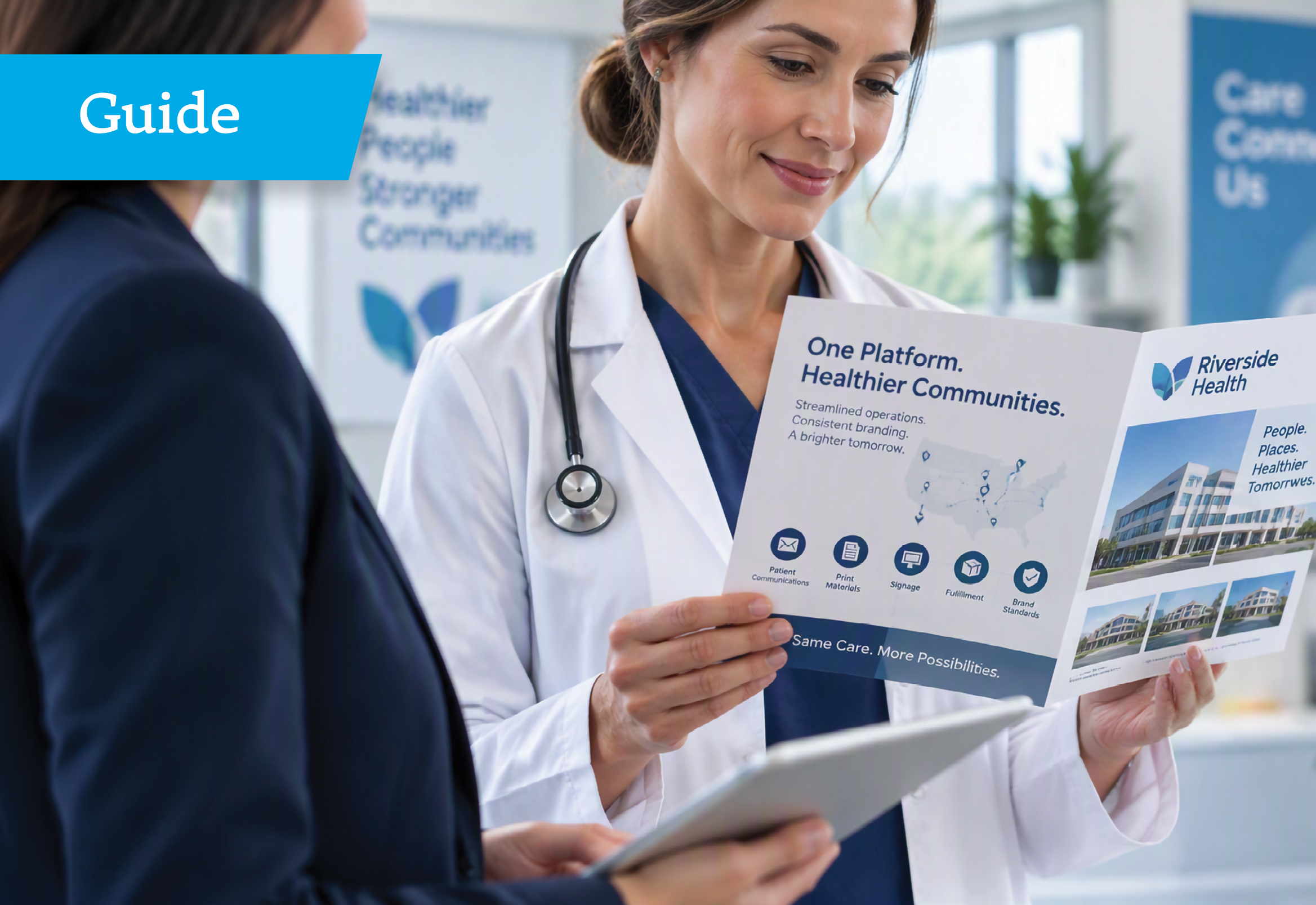 female doctor looking at branded guide