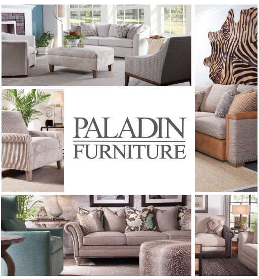 Paladin Furniture logo centered in a grid of upholstered sofas and chairs.