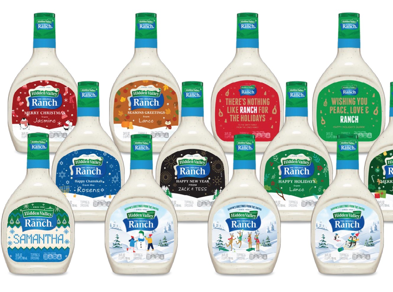 Row of Hidden Valley Ranch bottles with various personalized holiday label designs.