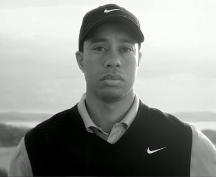Black-and-white still of Tiger Woods wearing Nike apparel from the 2010 Nike commercial.