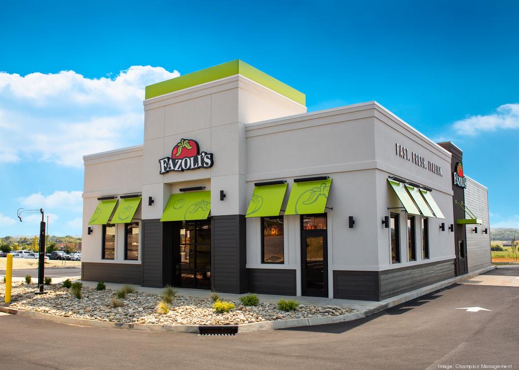Exterior of a Fazoli's restaurant location with branded signage and awnings.
