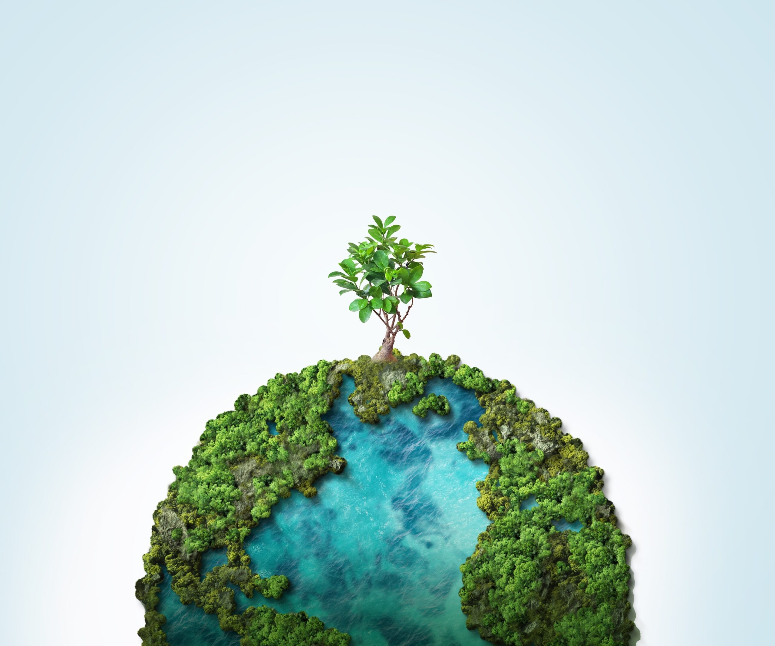 Illustration of a green, tree-topped globe symbolizing sustainability.
