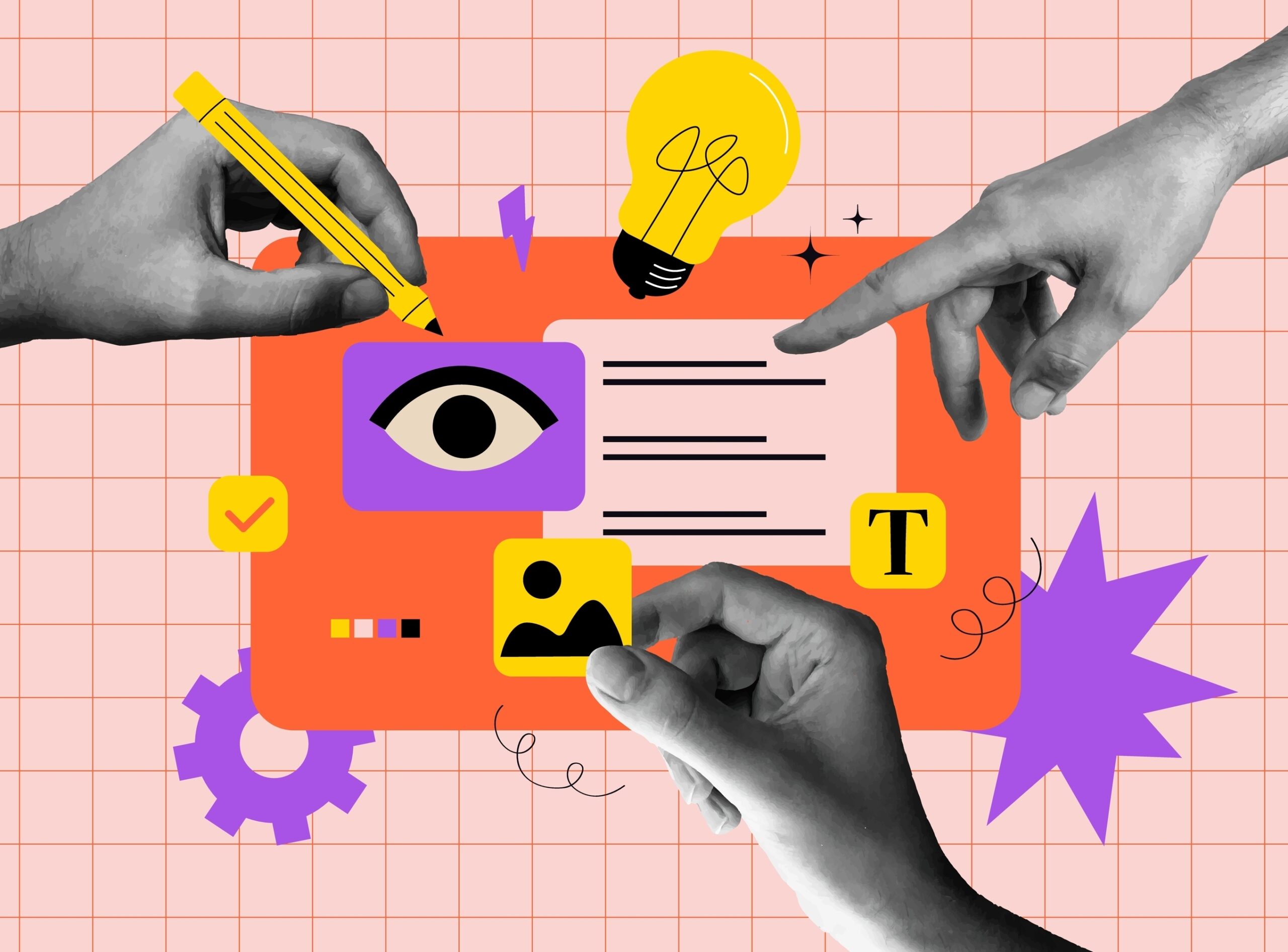 Colorful collage of hands editing a document with icons for text, images, and design tools.