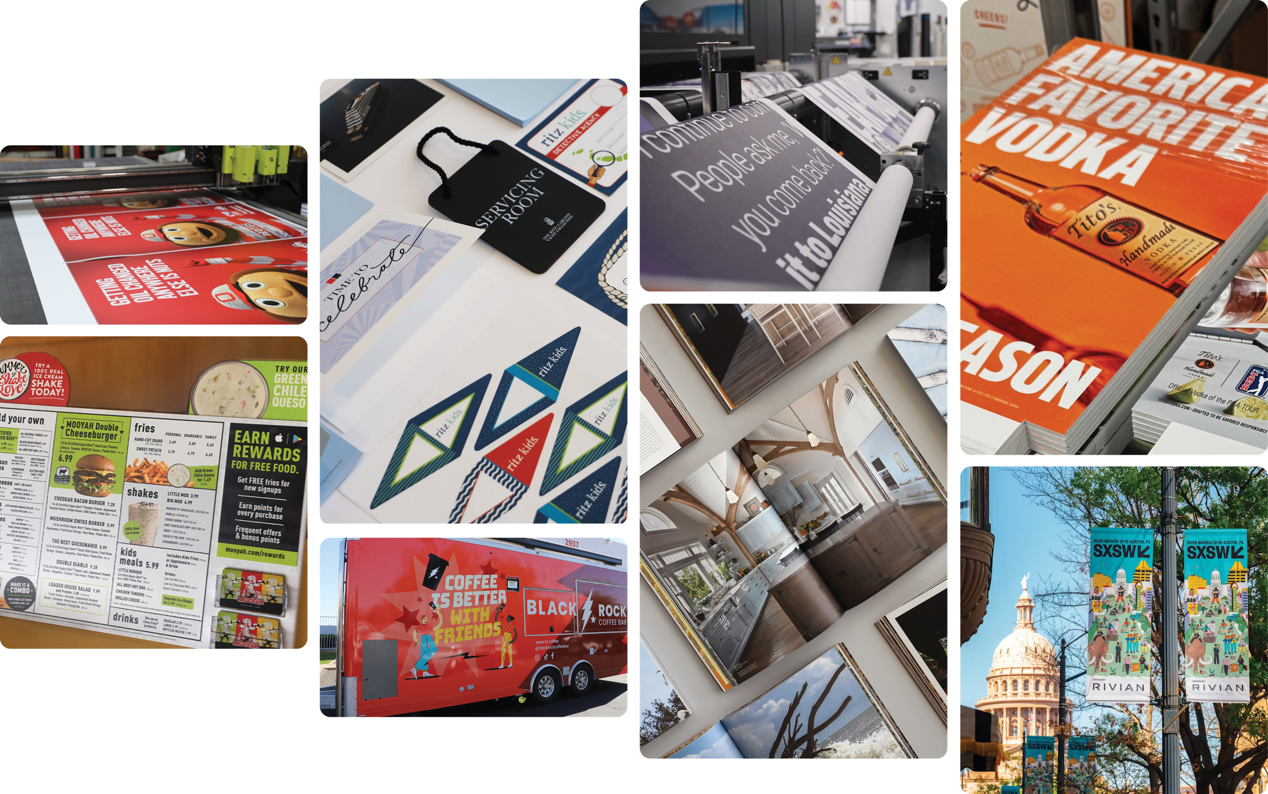 Homepage Bento Hero image with various samples of printed work